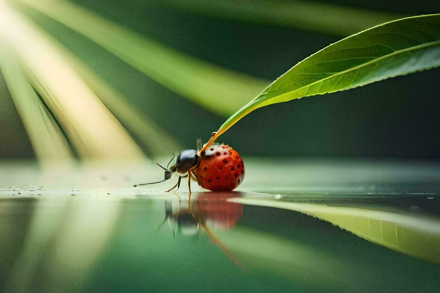 une coccinelle sur une feuille avec une rouge fruit. généré par ai photo