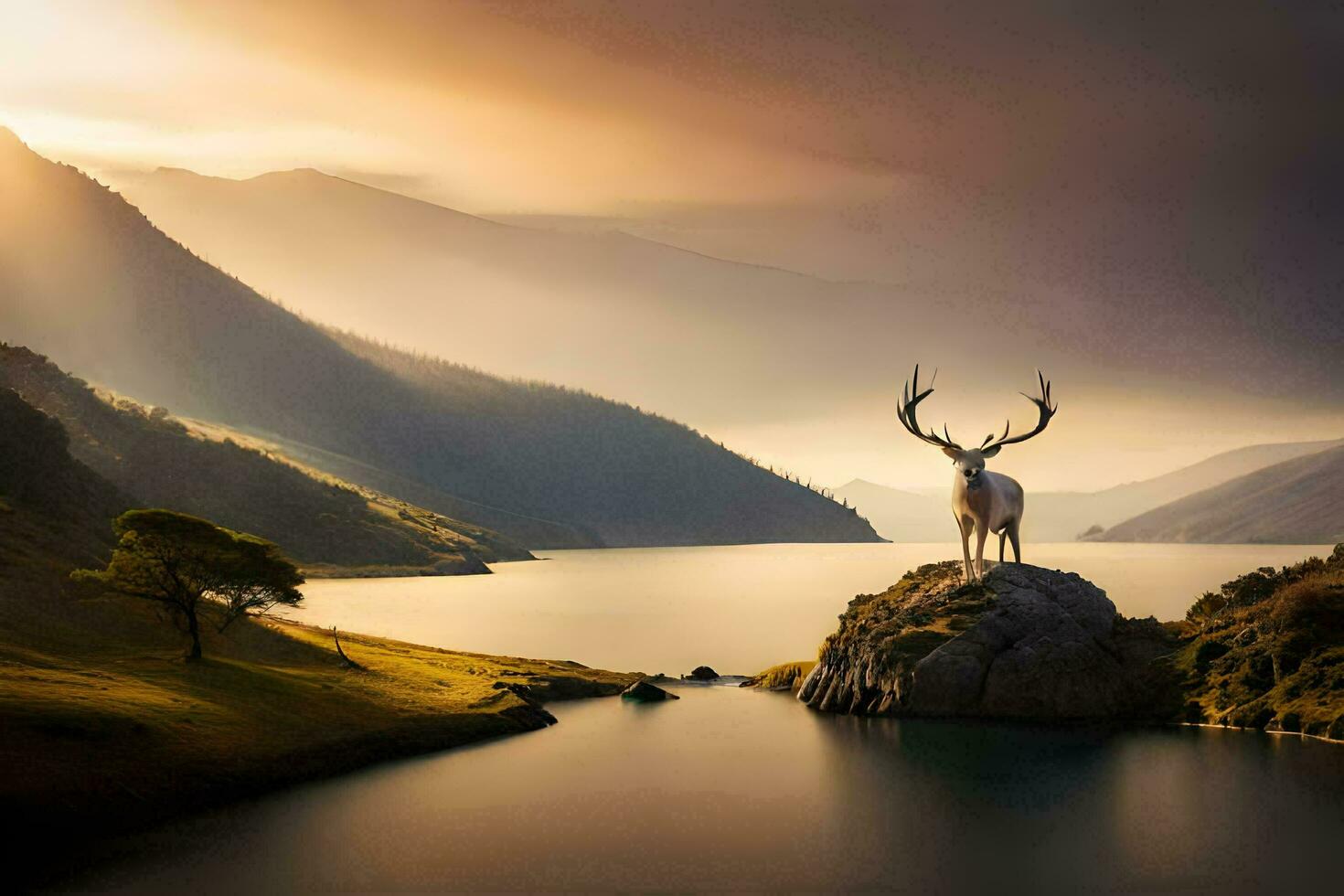 une cerf des stands sur une Roche dans de face de une lac. généré par ai photo