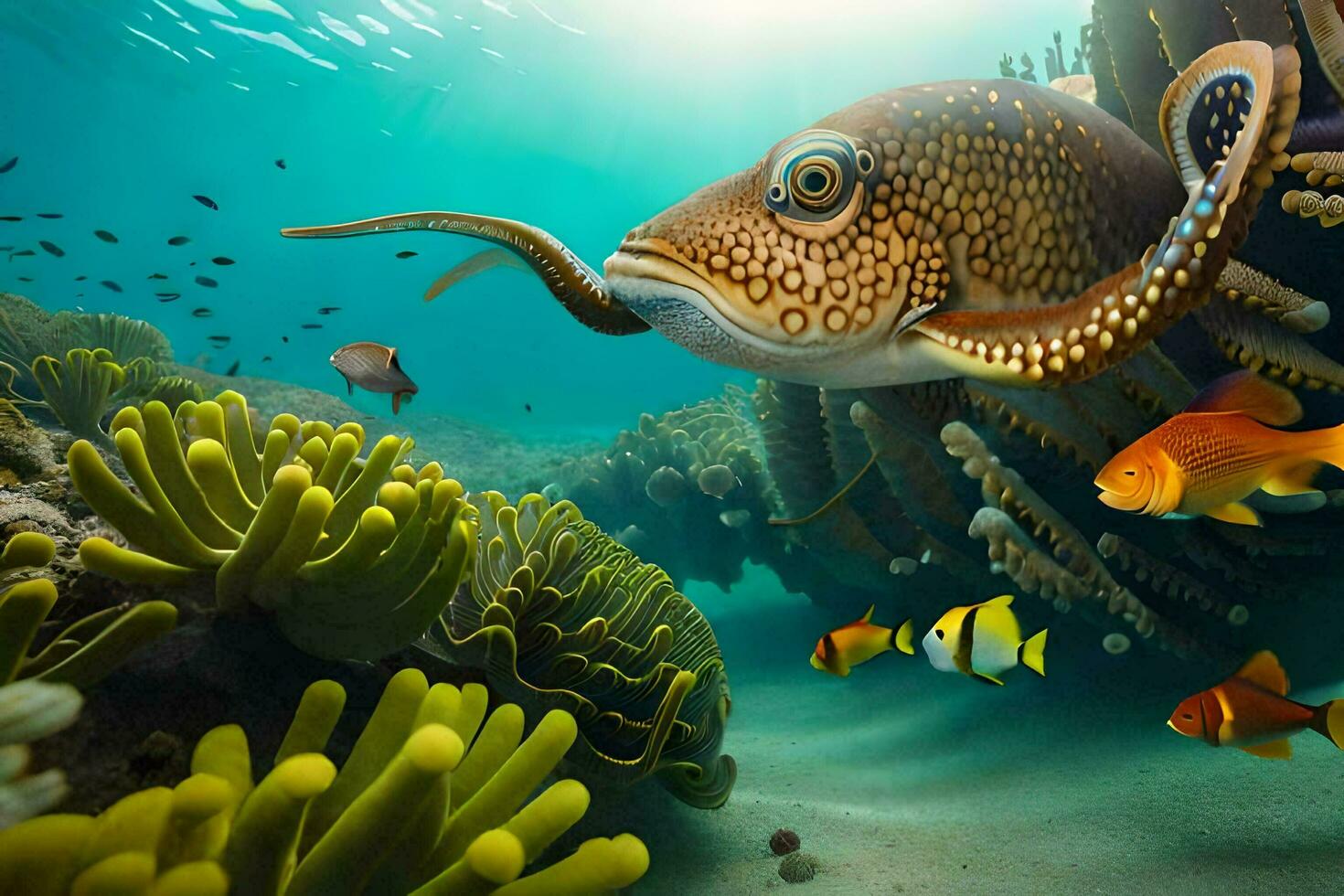 une poisson nager dans le océan avec corail et poisson. généré par ai photo