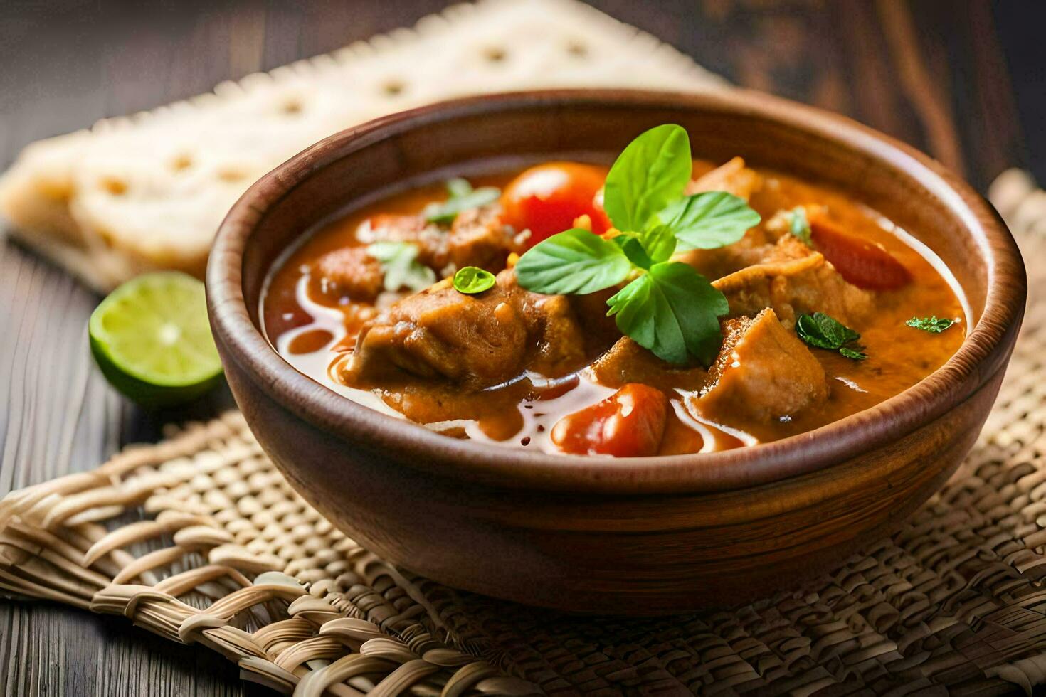 poulet curry dans une bol sur une en bois tableau. généré par ai photo