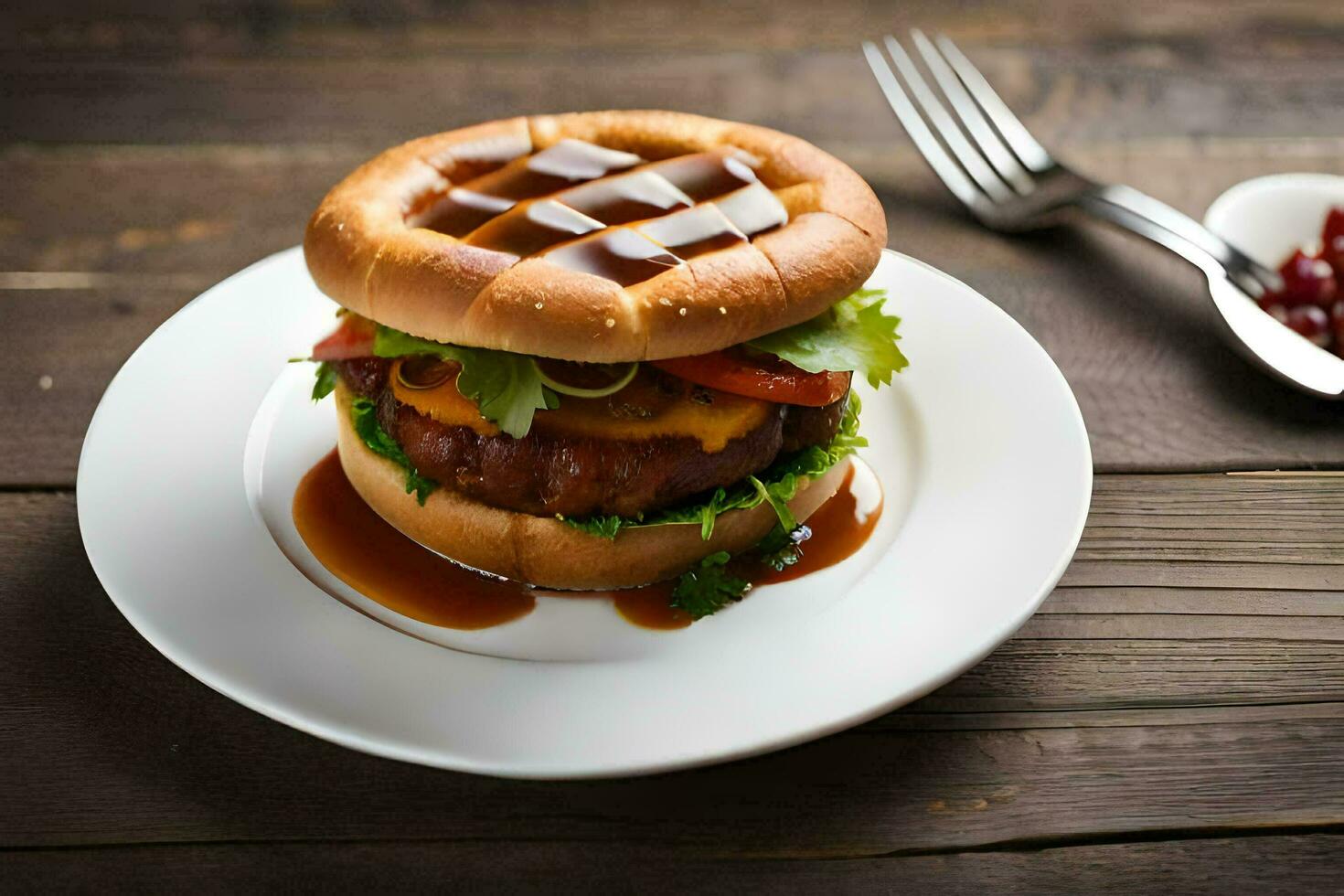 une Hamburger avec sauce sur une blanc plaque. généré par ai photo