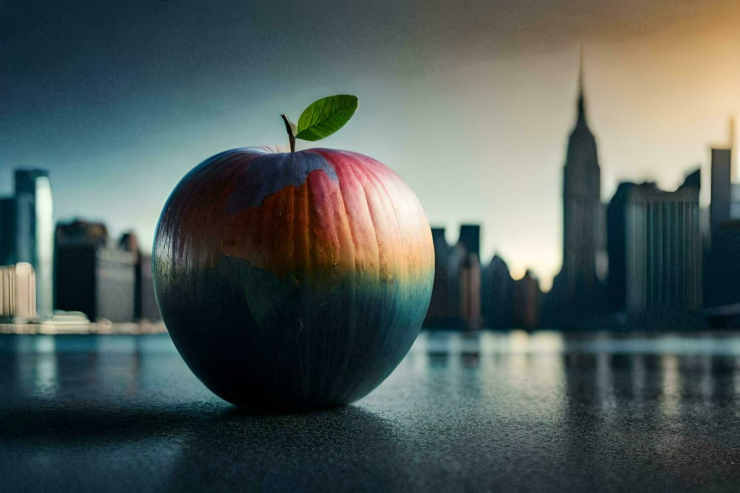 un Pomme avec une arc en ciel peint sur il est assis dans de face de une paysage urbain. généré par ai photo