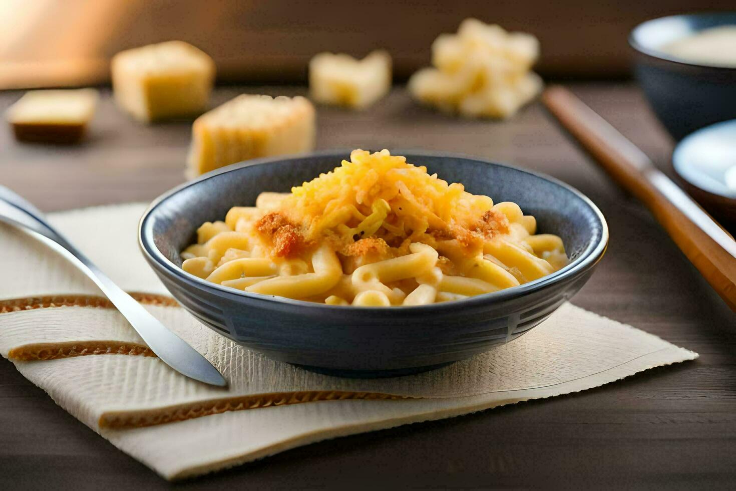 une bol de macaroni et fromage avec une cuillère. généré par ai photo