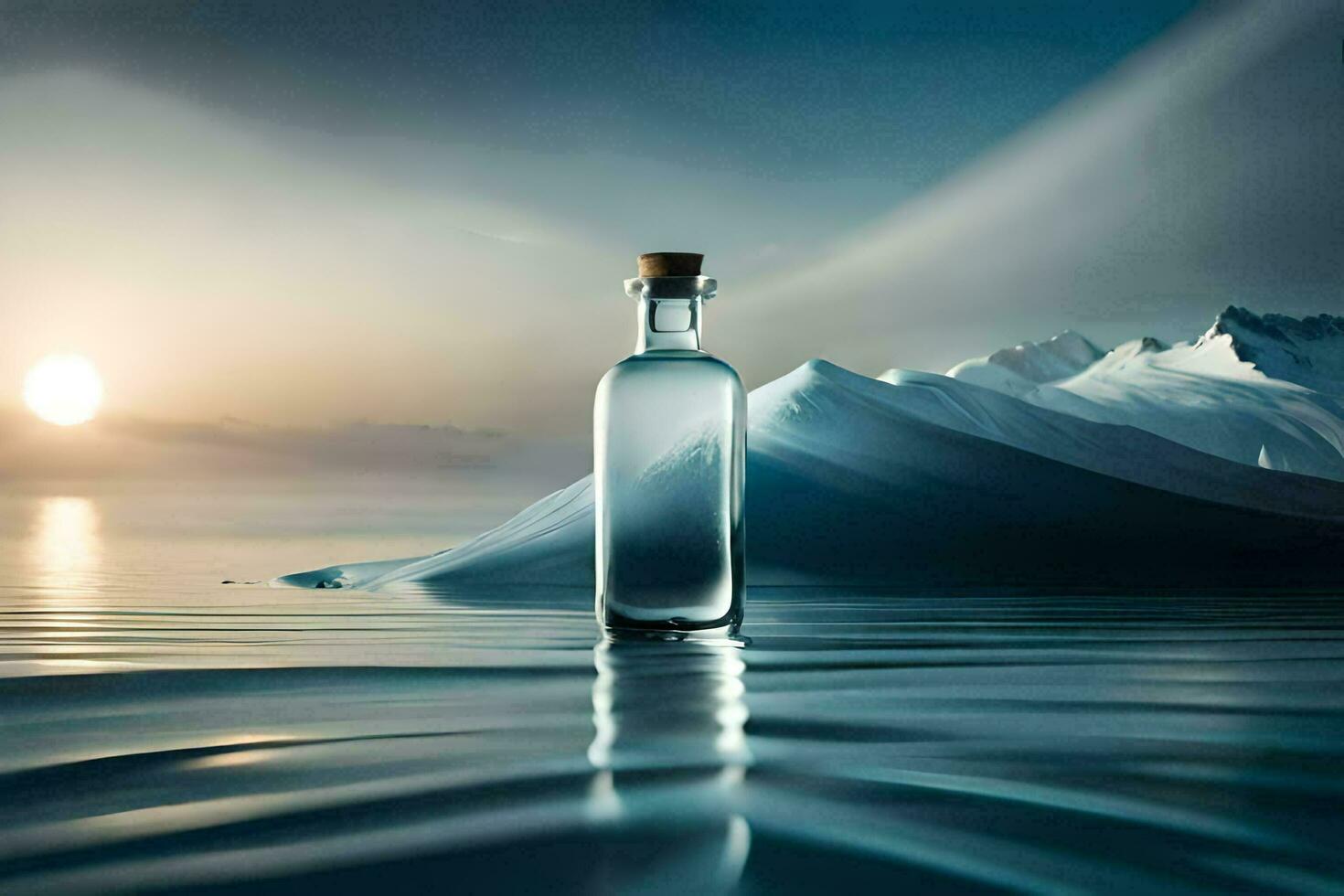 une bouteille de l'eau est assis sur le l'eau dans de face de une Montagne. généré par ai photo