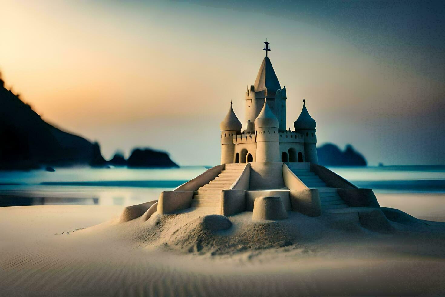 une le sable Château sur le plage à le coucher du soleil. généré par ai photo