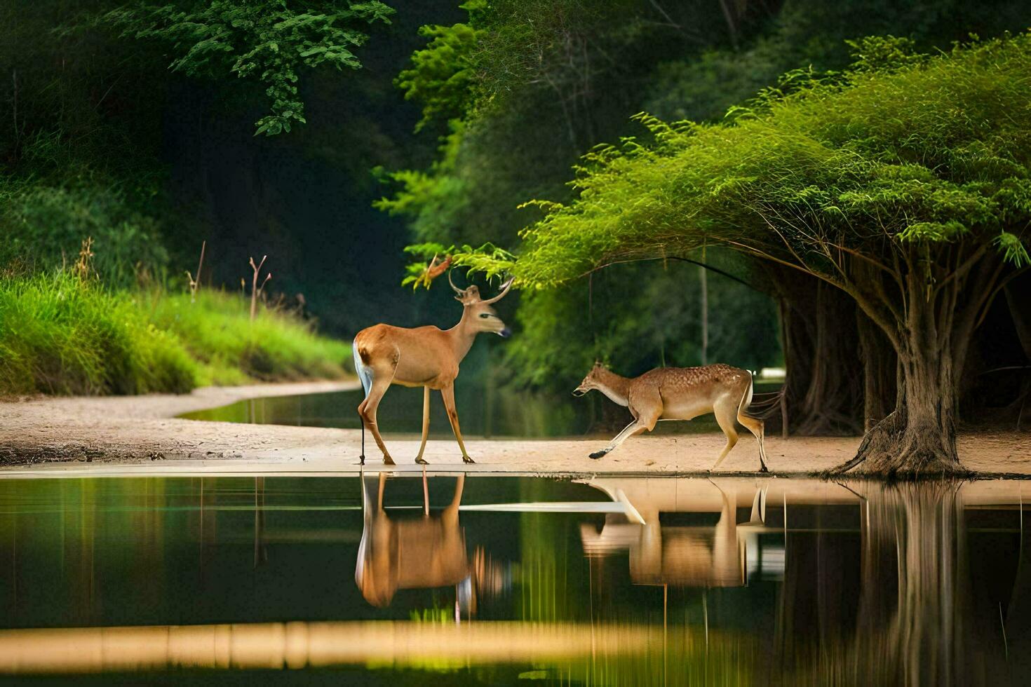 deux cerf permanent dans le l'eau près une arbre. généré par ai photo