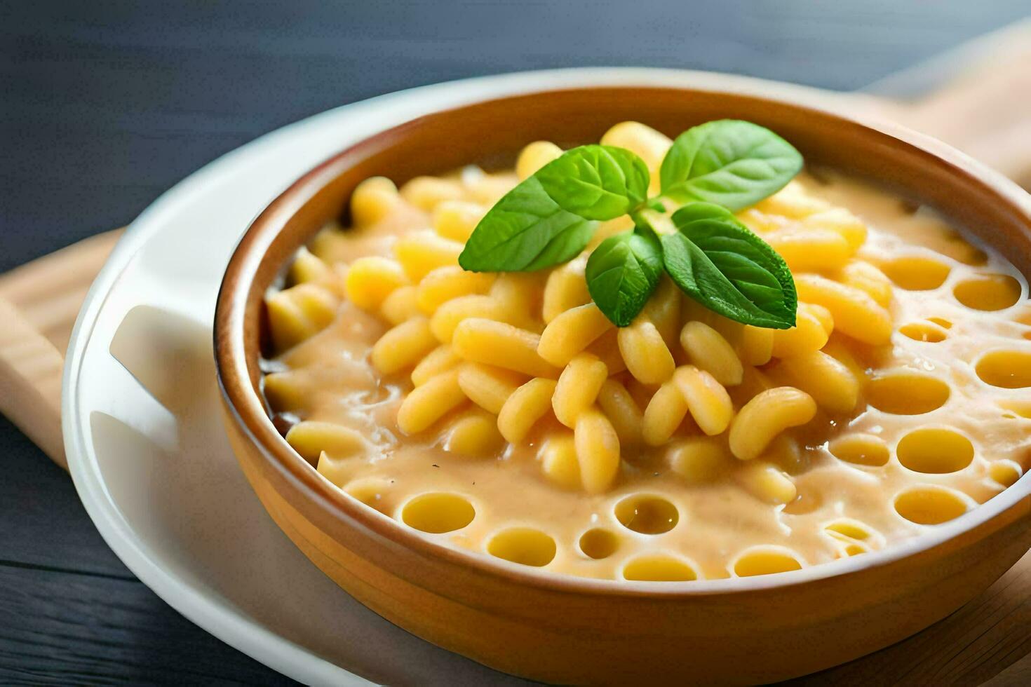 une bol de macaroni et fromage avec une feuille. généré par ai photo