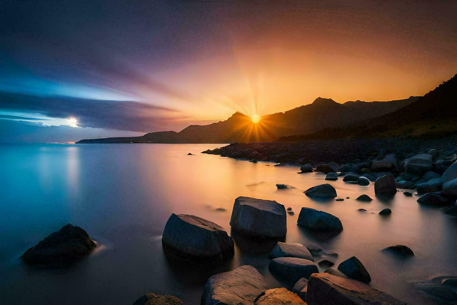 le Soleil ensembles plus de une rocheux plage et montagnes. généré par ai photo