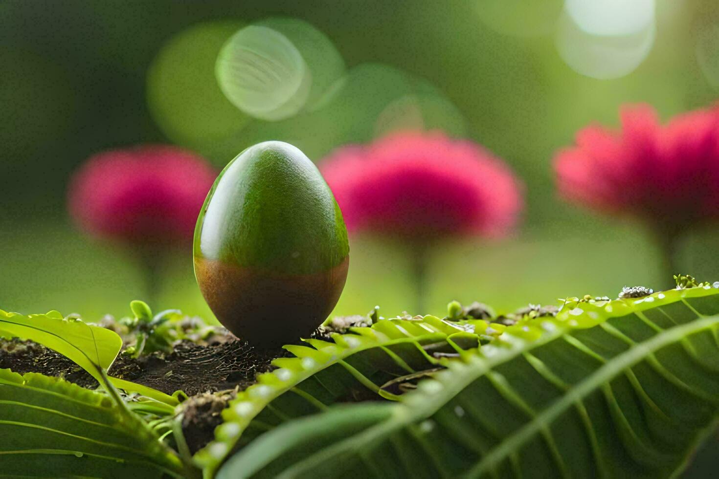 une vert Oeuf séance sur Haut de certains vert feuilles. généré par ai photo