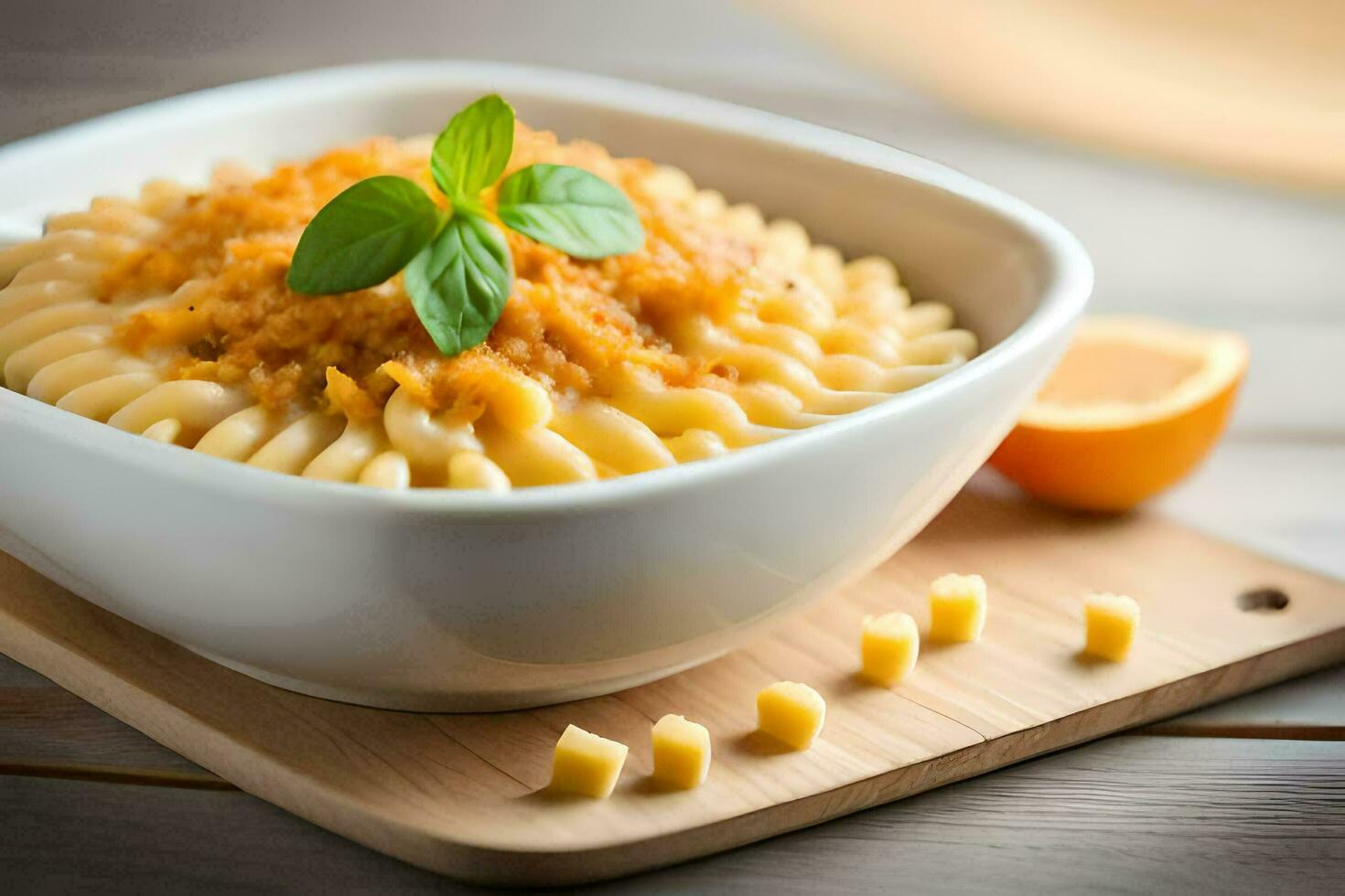 une bol de Pâtes avec Orange sauce et une citron. généré par ai photo