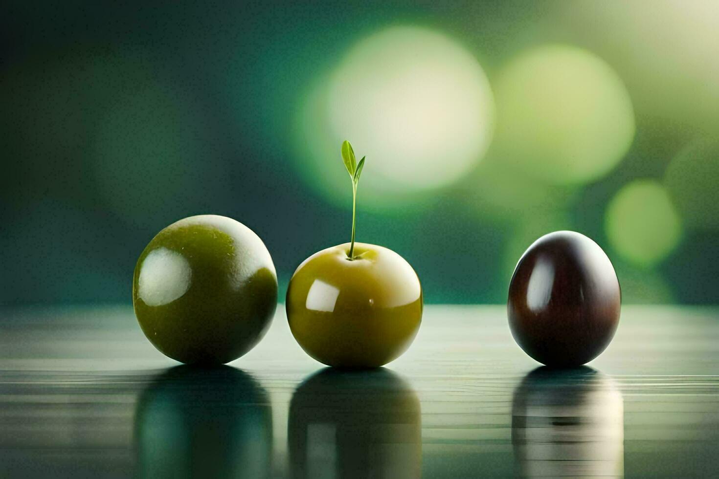 Trois Olives sont séance sur une table avec une vert feuille. généré par ai photo