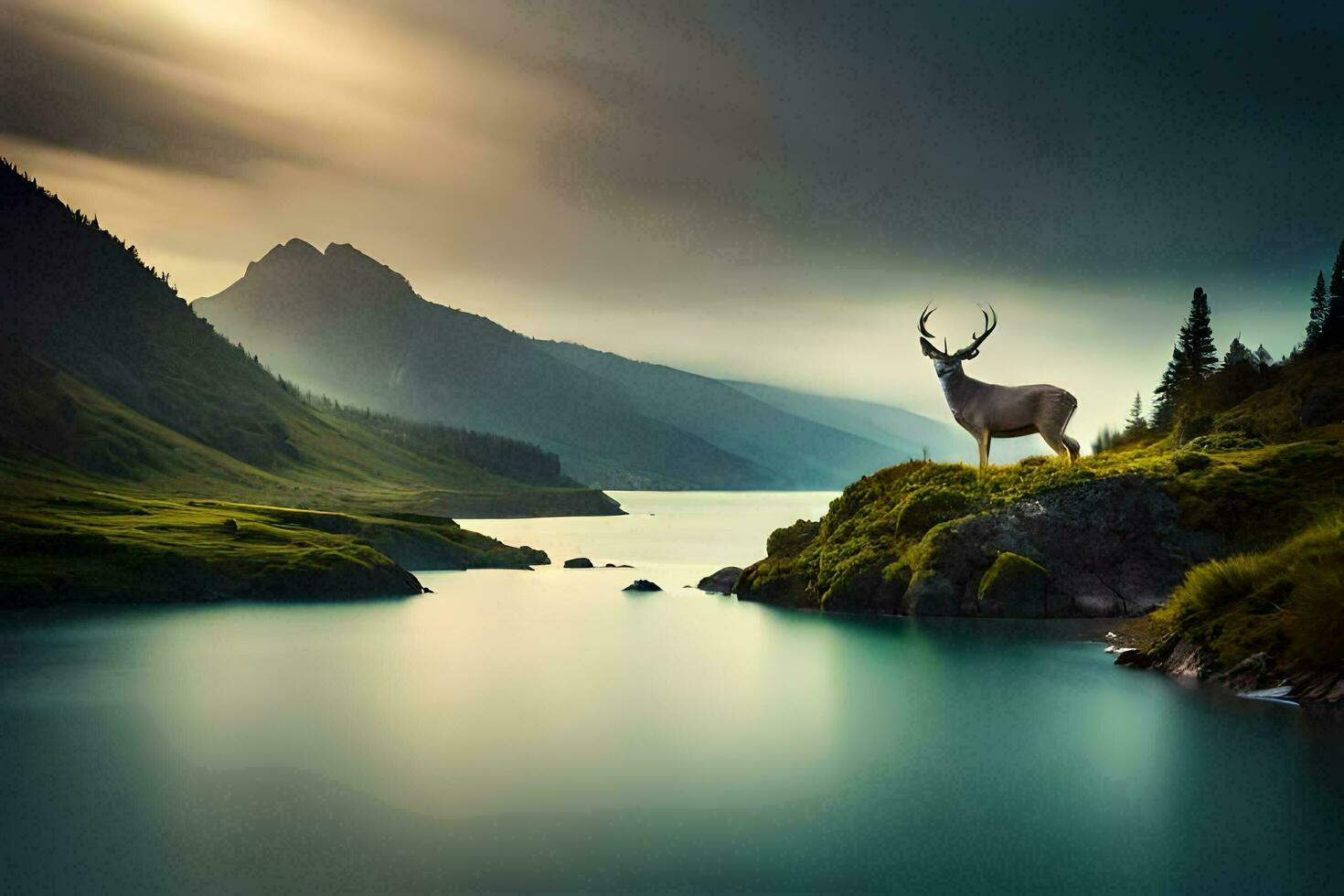 une cerf des stands sur une colline surplombant une lac. généré par ai photo