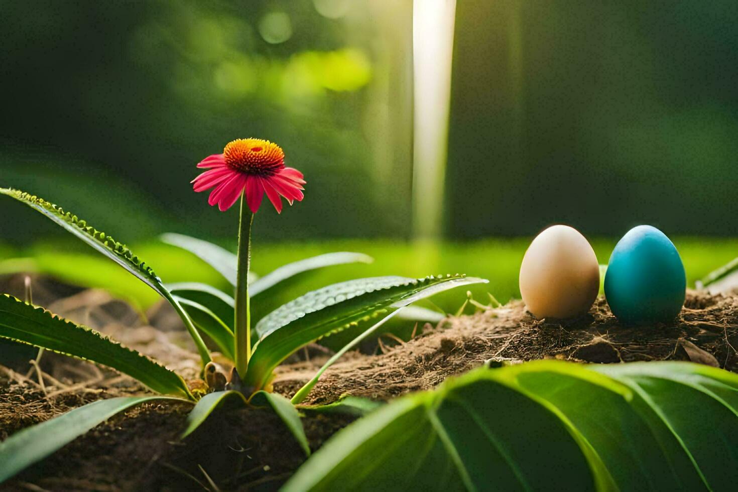 Trois coloré des œufs dans le herbe avec une fleur. généré par ai photo