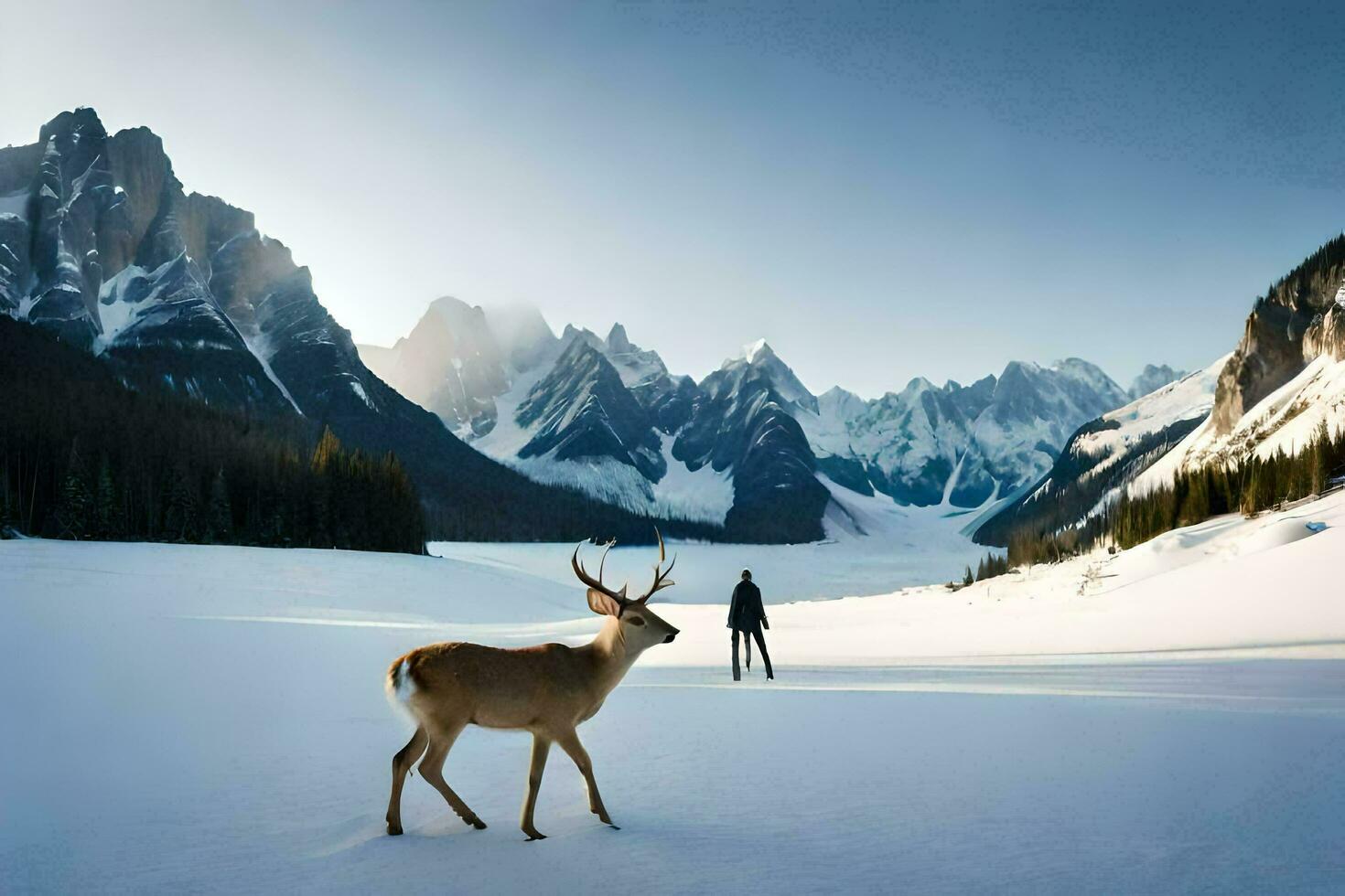 une cerf des stands dans le neige dans de face de montagnes. généré par ai photo