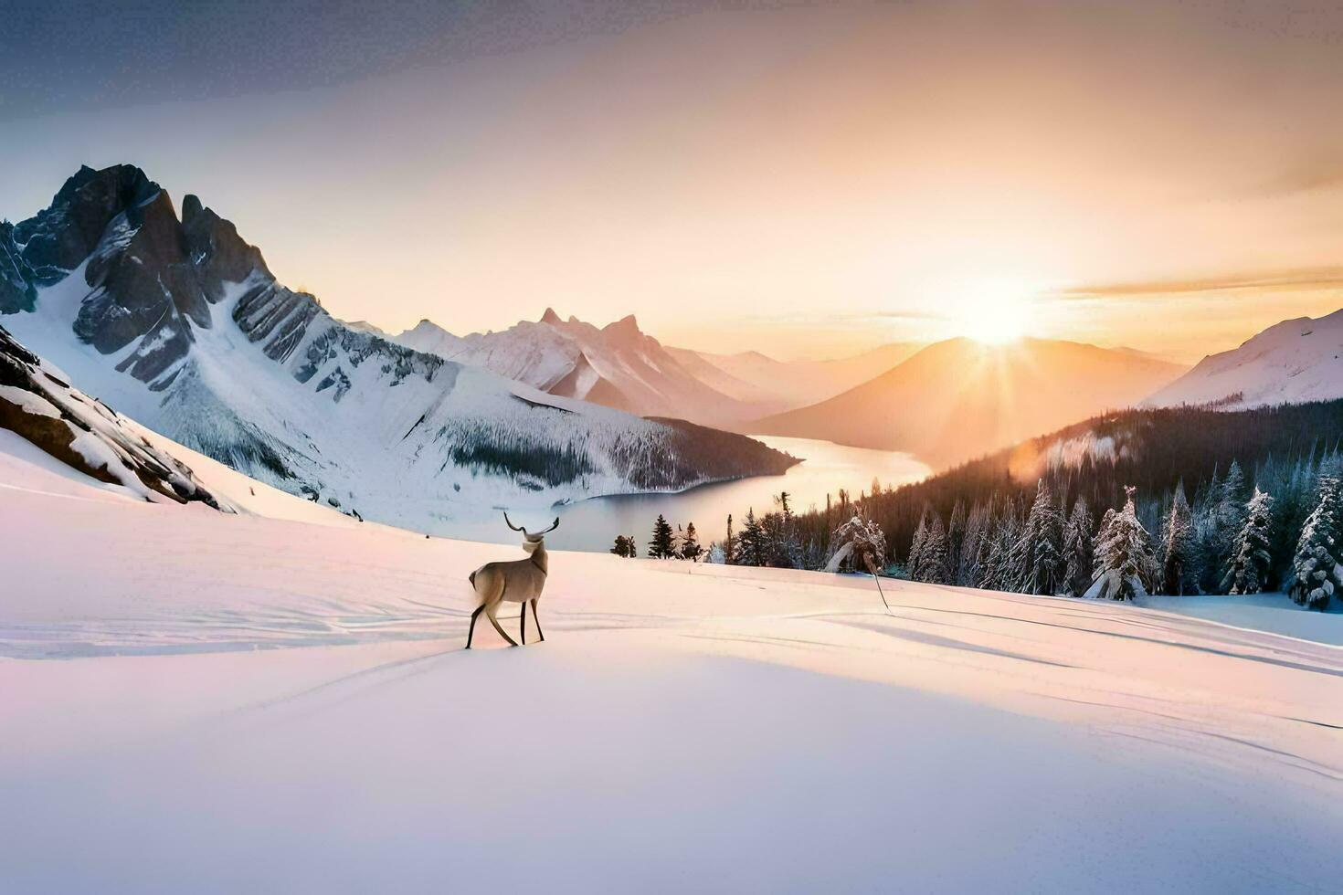une cerf des stands sur une neigeux Montagne à le coucher du soleil. généré par ai photo