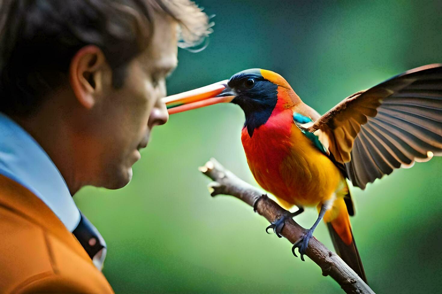 une homme dans un Orange costume est à la recherche à une oiseau. généré par ai photo