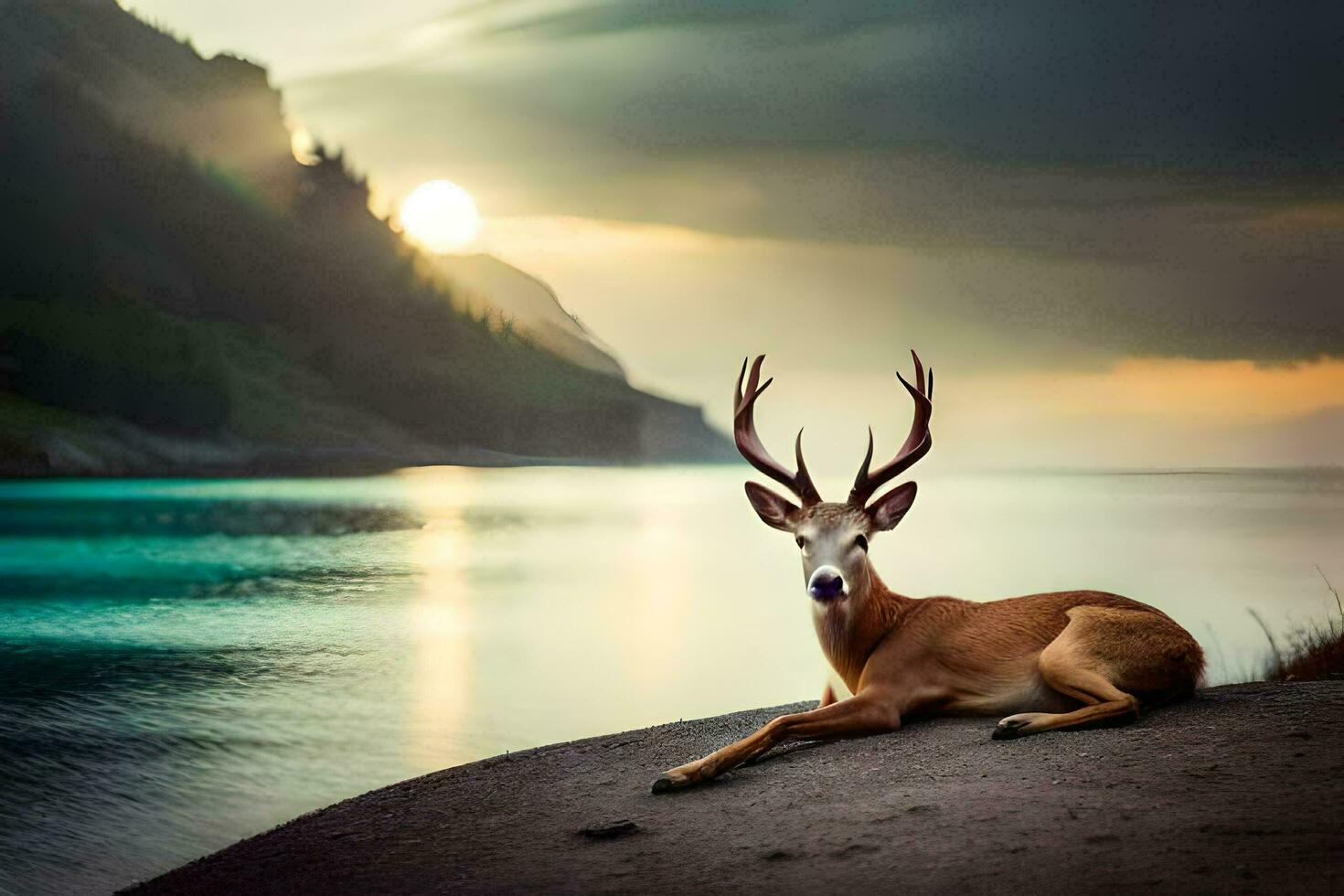 une cerf pose sur le rive à le coucher du soleil. généré par ai photo