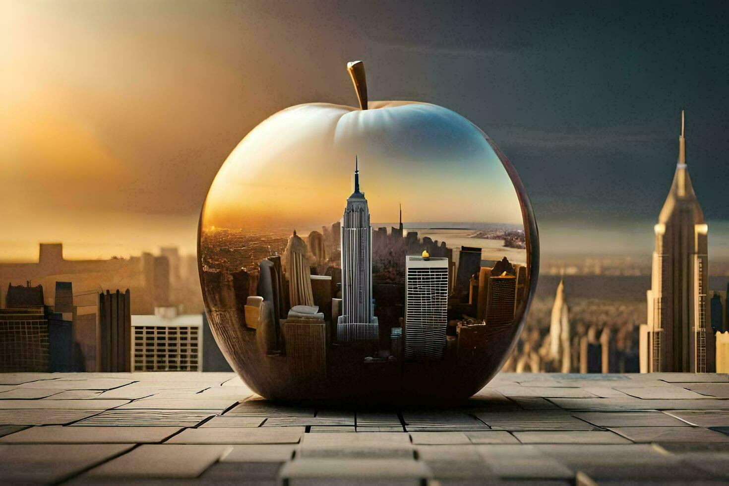 un Pomme avec une paysage urbain dans il. généré par ai photo