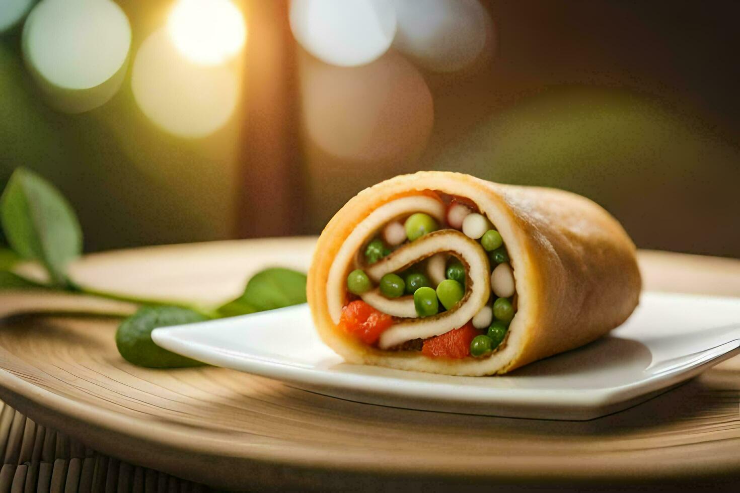 une rouleau avec des légumes et fromage sur une plaque. généré par ai photo