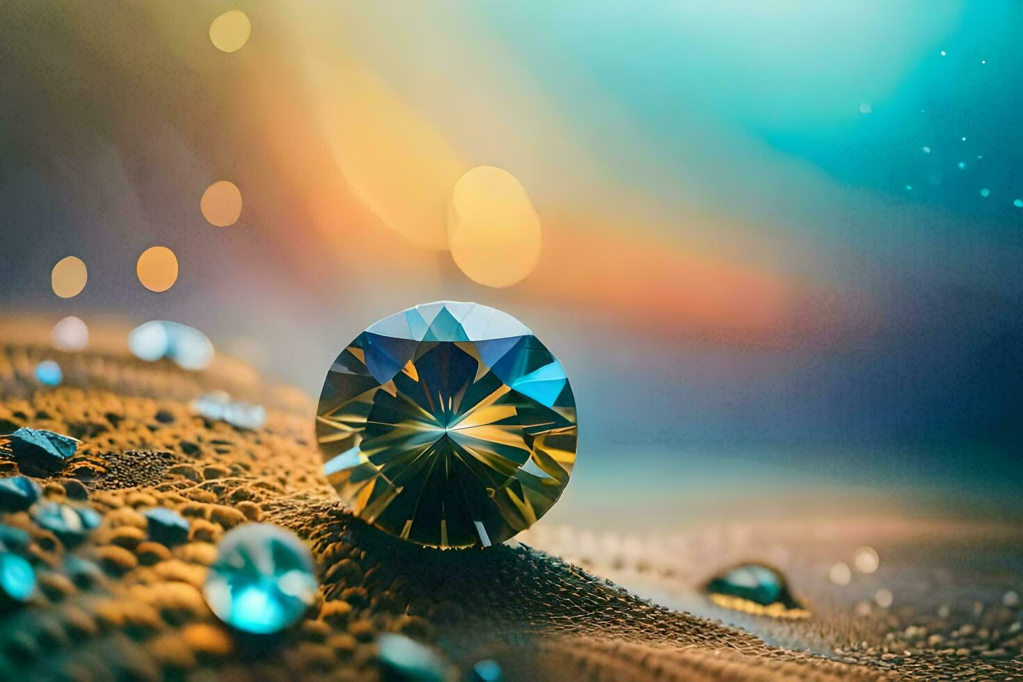 une diamant est séance sur le le sable avec l'eau gouttelettes. généré par ai photo