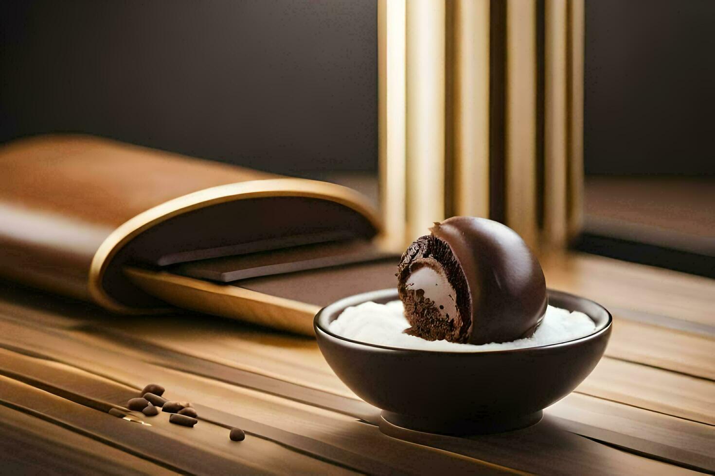 une Chocolat Balle dans une bol avec une or cas. généré par ai photo
