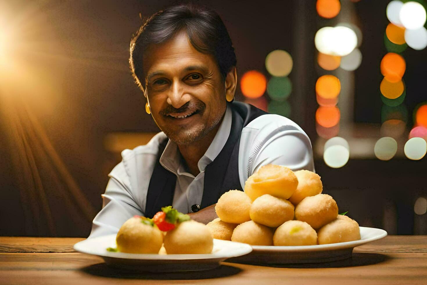 une homme souriant avec une assiette de aliments. généré par ai photo