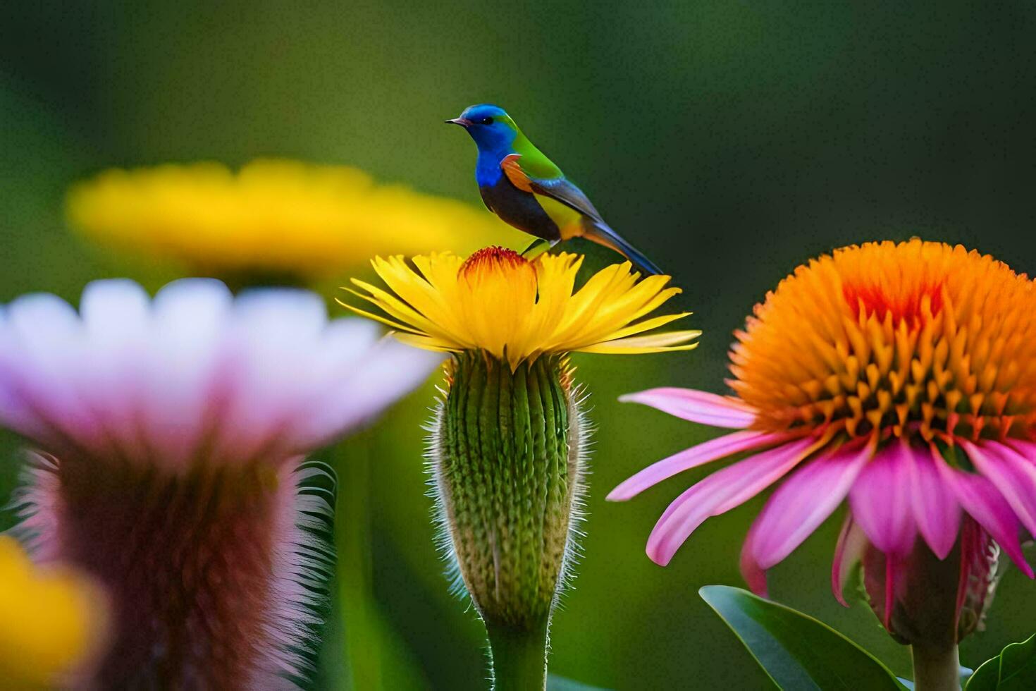 une coloré oiseau est assis sur Haut de une fleur. généré par ai photo
