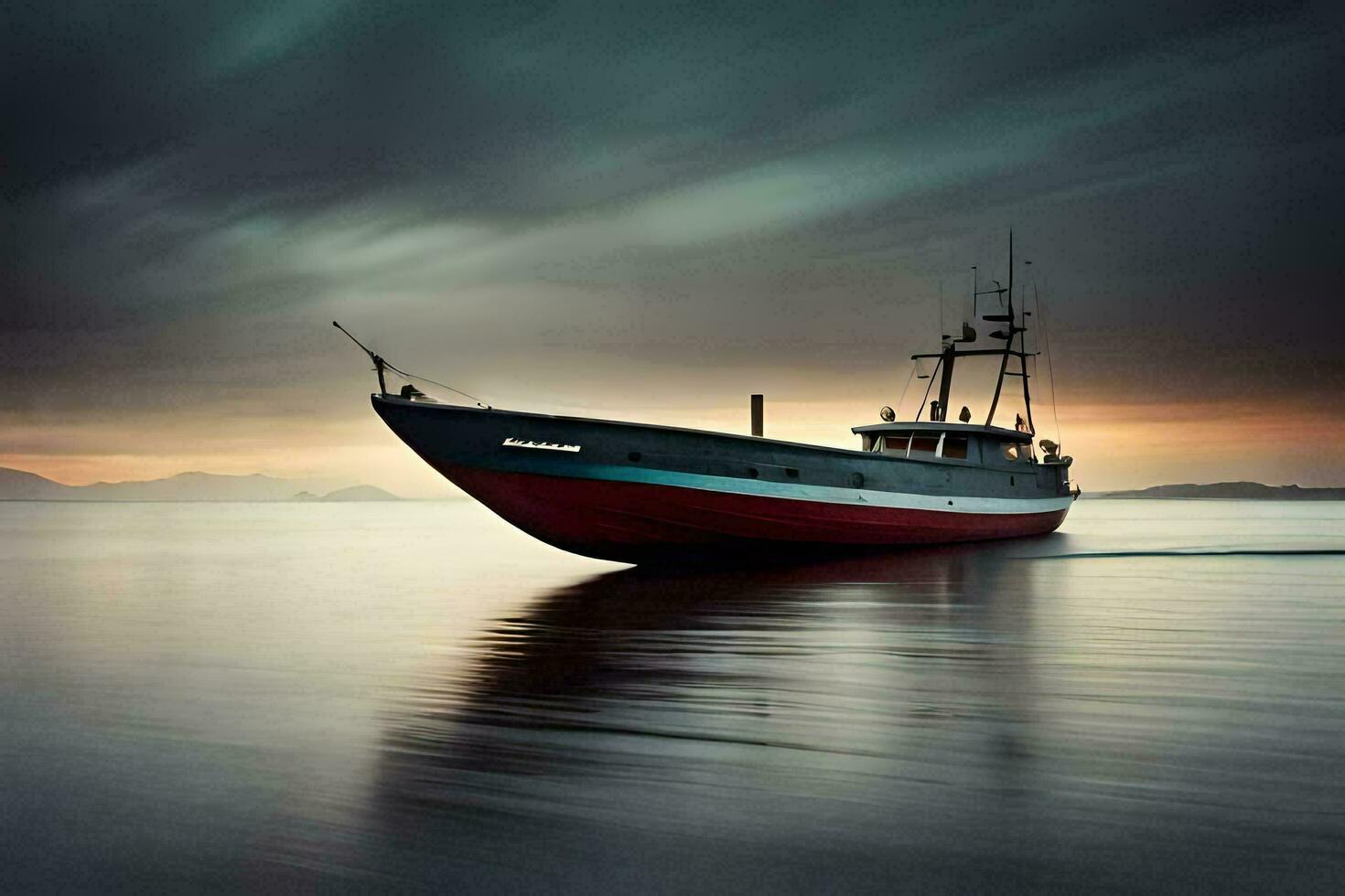 une bateau est voile sur le l'eau à le coucher du soleil. généré par ai photo