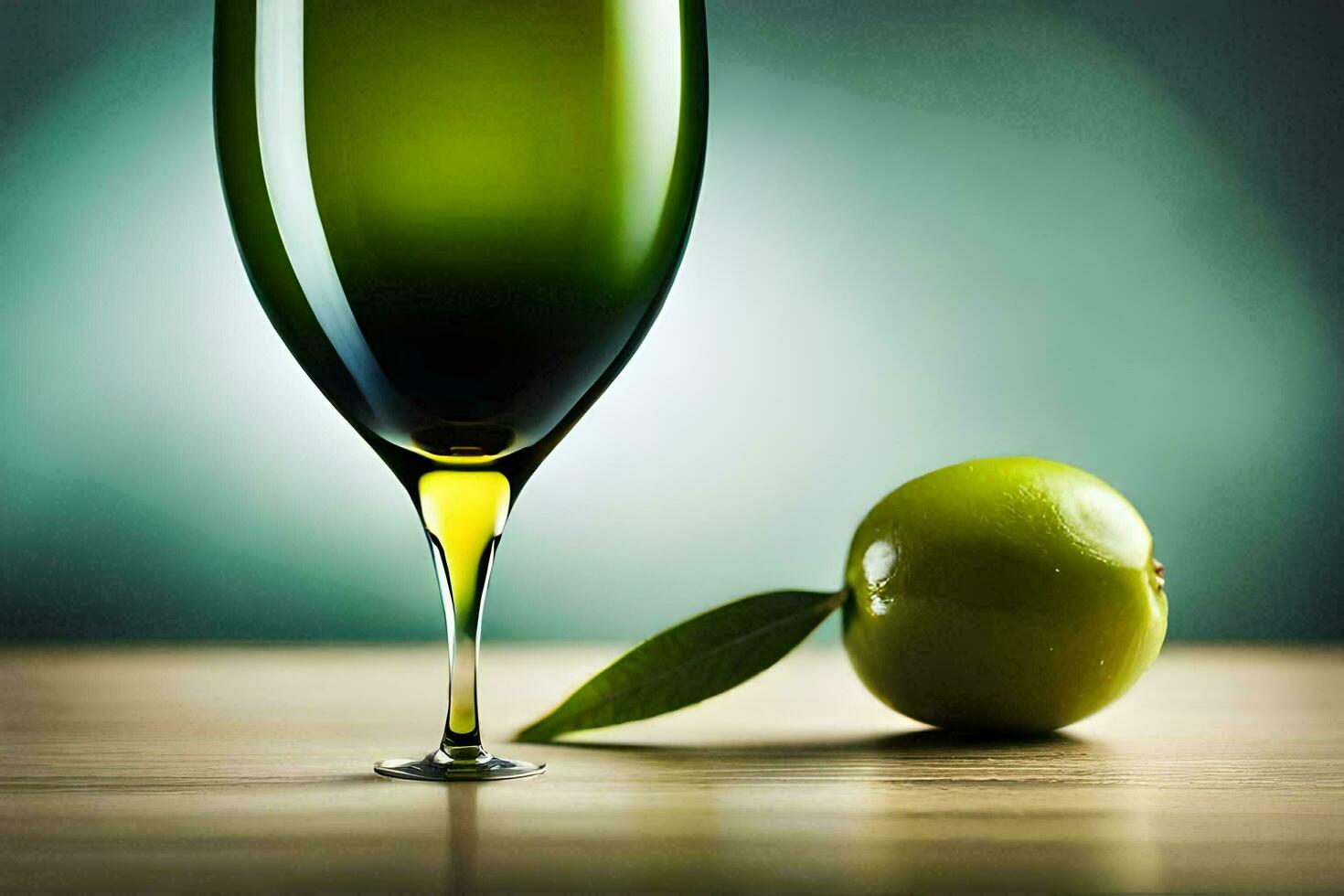 une vert Pomme et une verre de olive huile. généré par ai photo