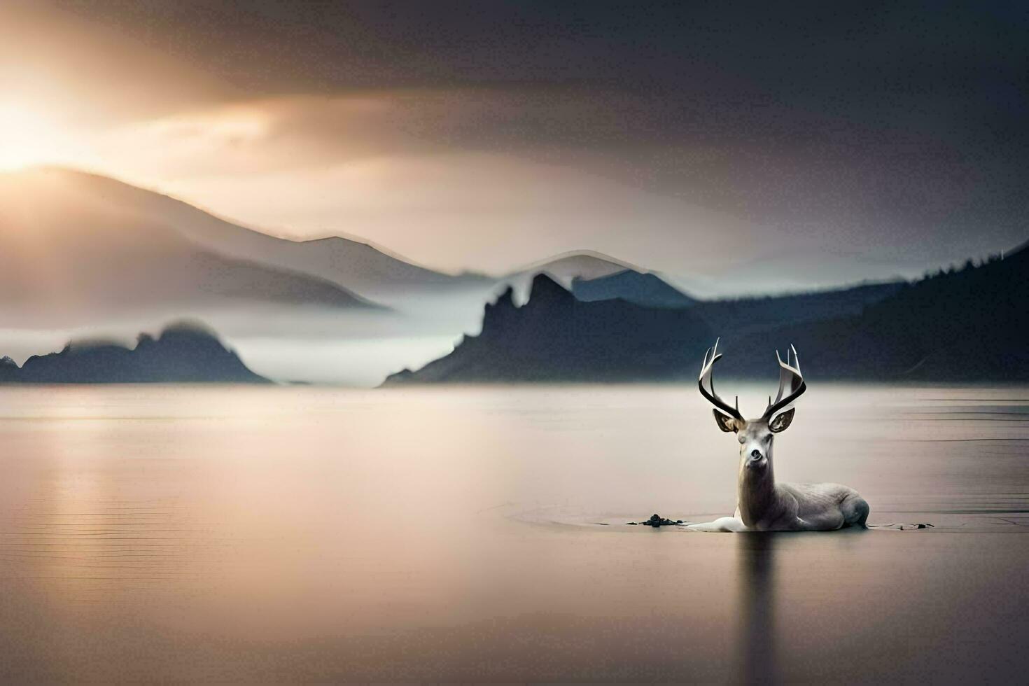 une cerf est séance dans le l'eau à le coucher du soleil. généré par ai photo