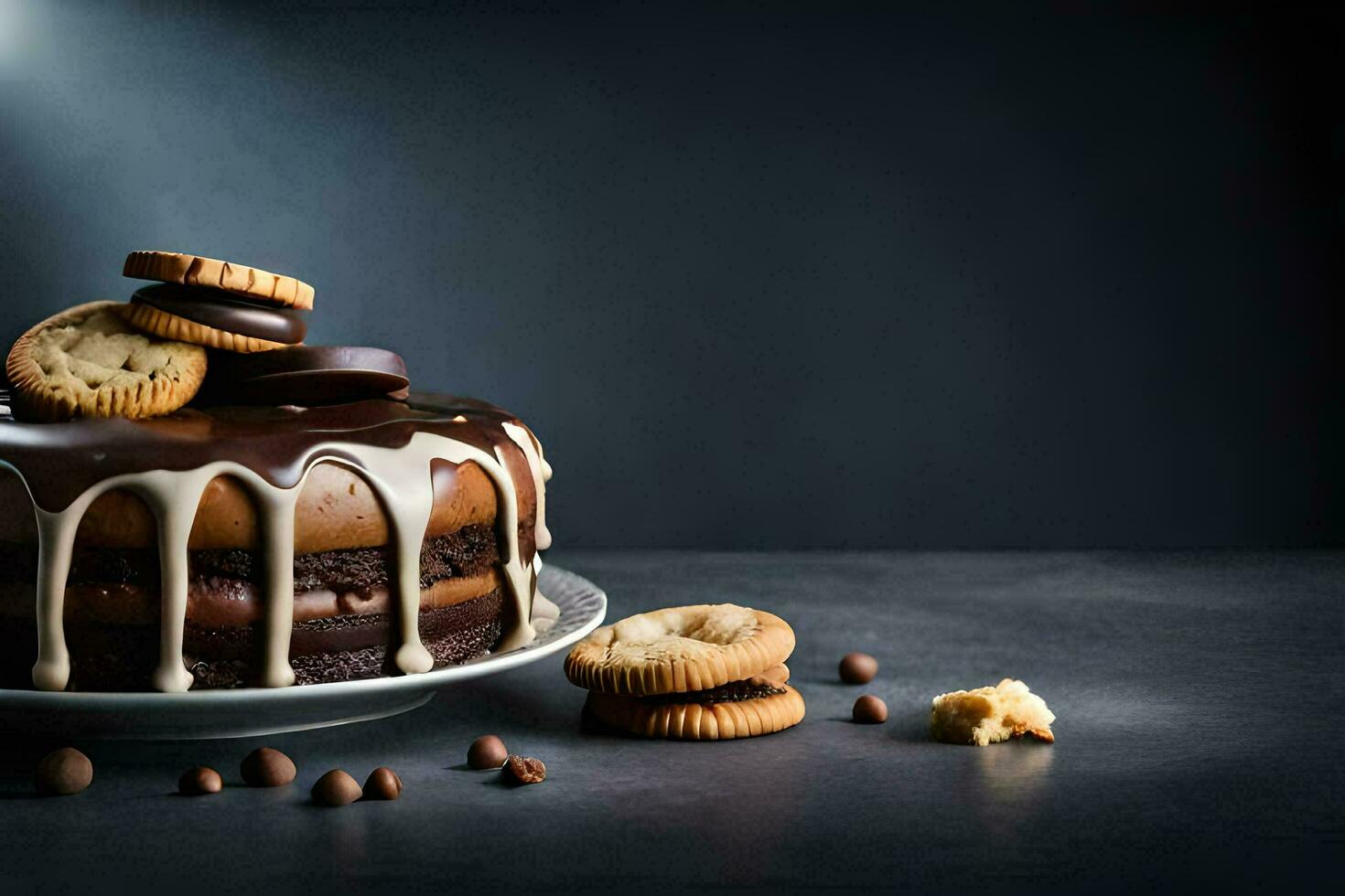 une Chocolat gâteau avec biscuits et Chocolat bruine. généré par ai photo