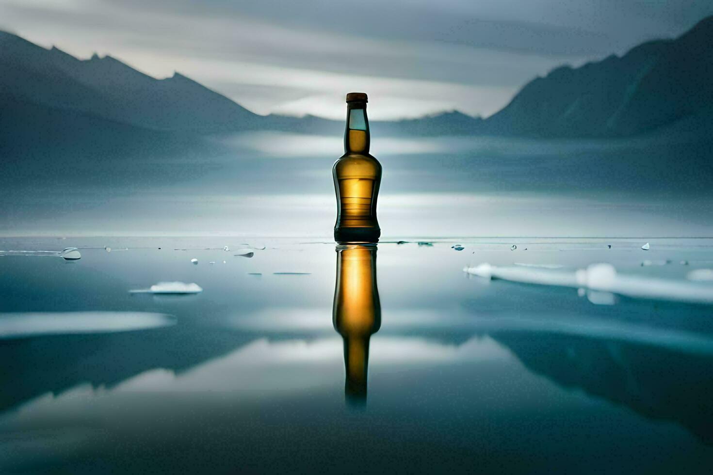 une bouteille de Bière est séance sur le l'eau. généré par ai photo
