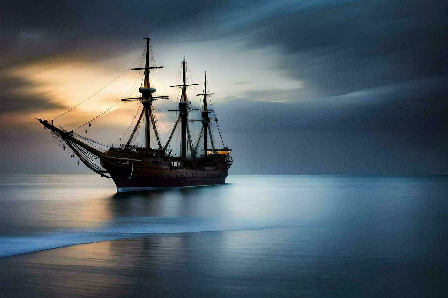 une voile navire dans le océan à le coucher du soleil. généré par ai photo