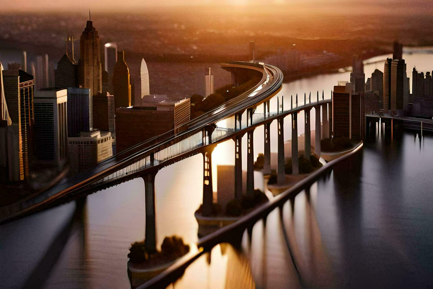 une pont plus de une rivière avec une ville dans le Contexte. généré par ai photo