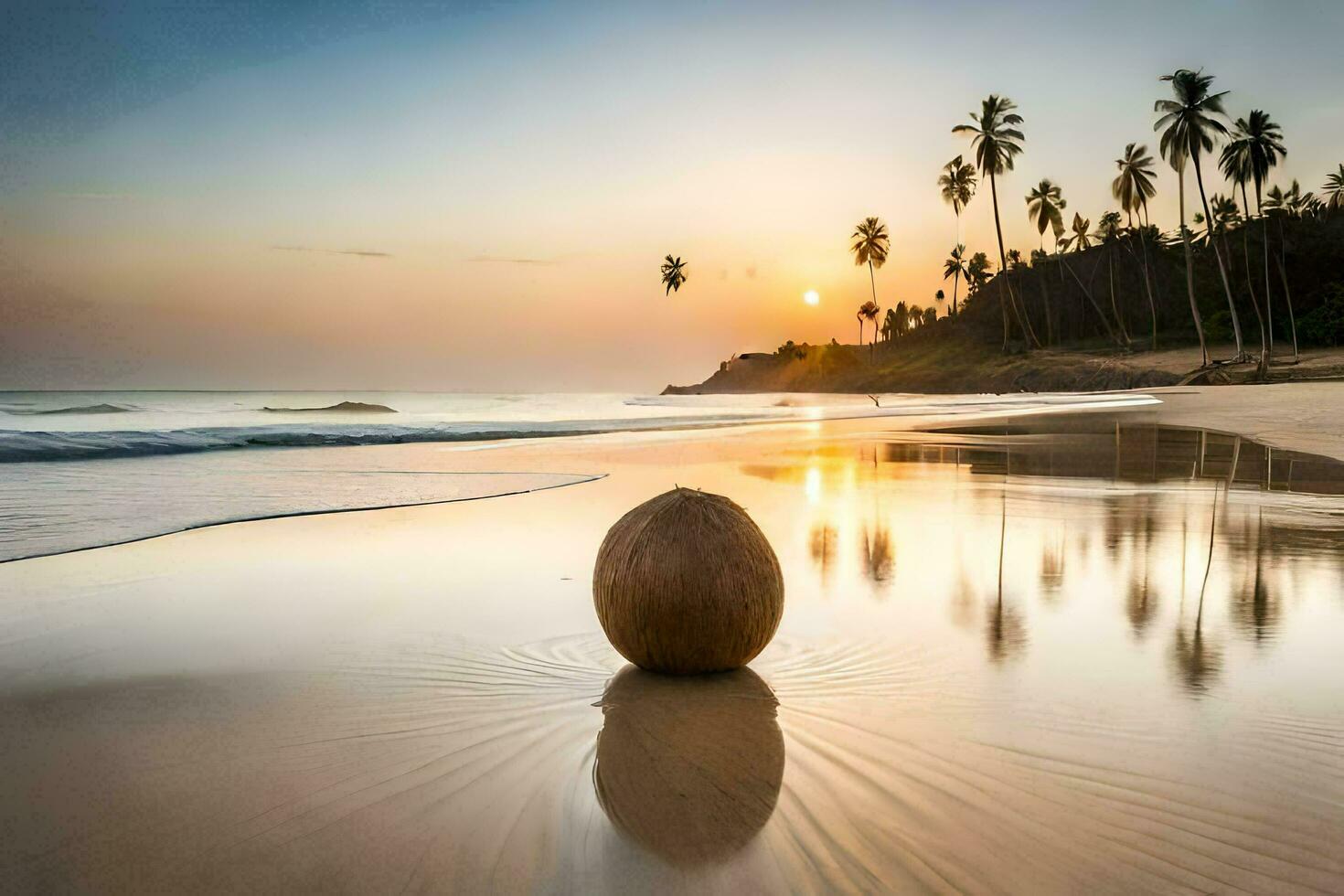 noix de coco sur le plage à le coucher du soleil. généré par ai photo