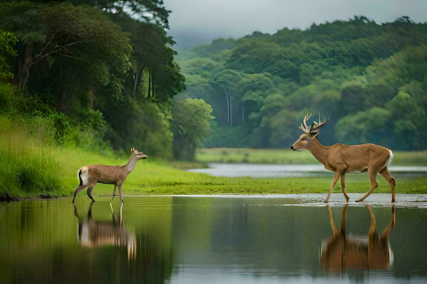 deux cerf permanent dans le l'eau près une rivière. généré par ai photo