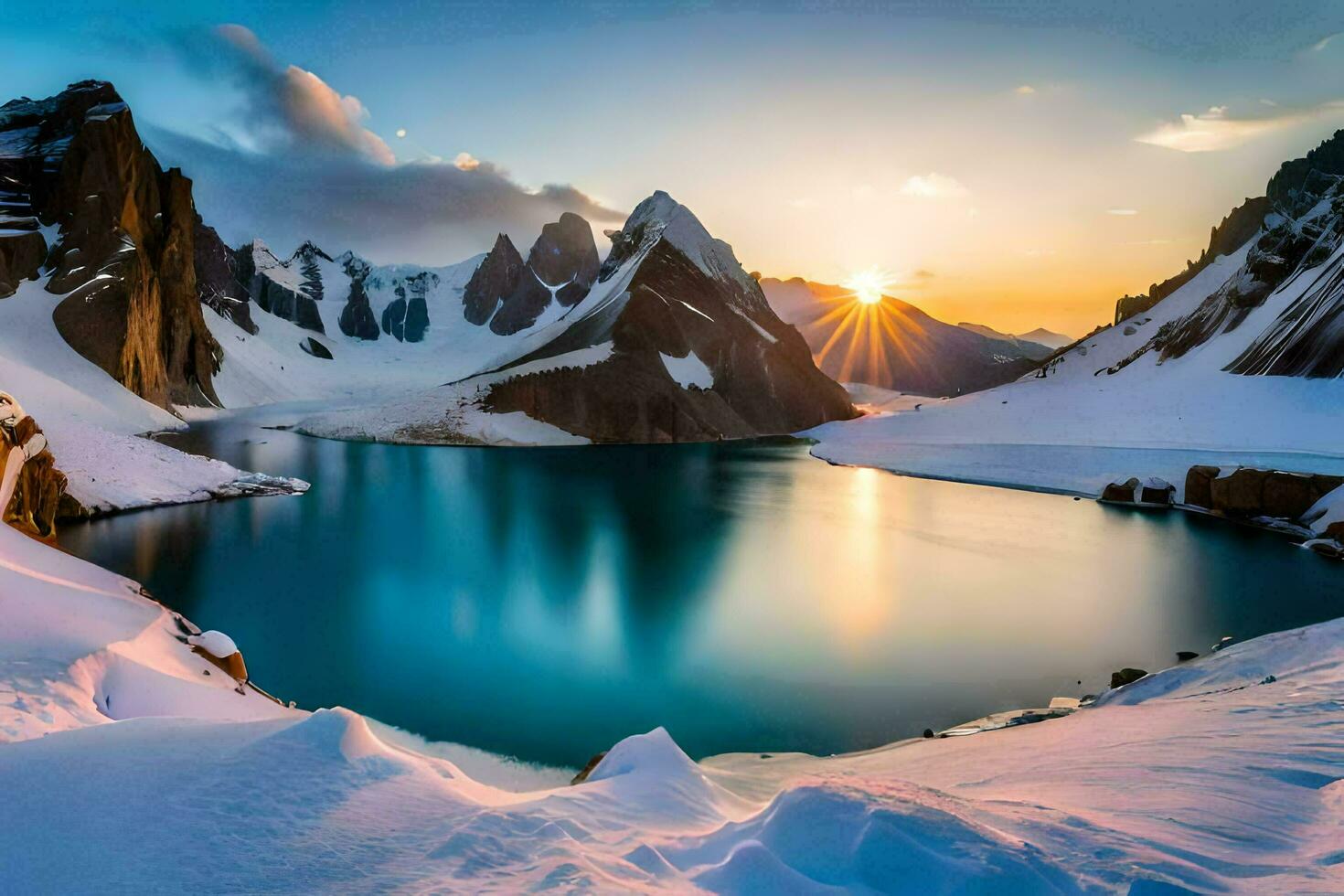 le Soleil monte plus de une Lac dans le montagnes. généré par ai photo