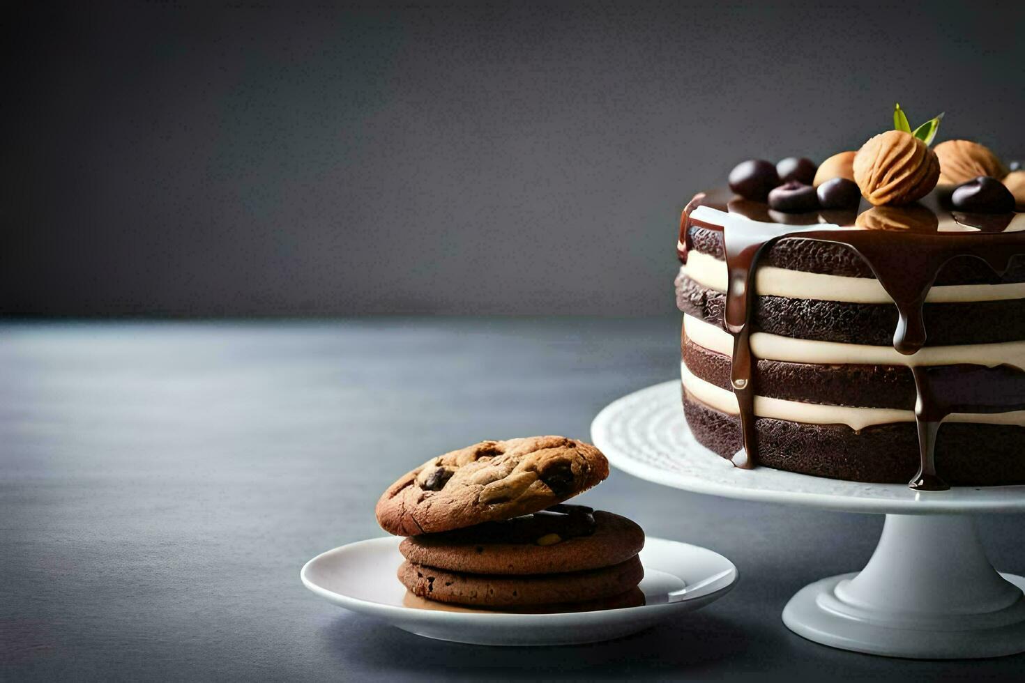 une Chocolat gâteau avec biscuits et des noisettes sur une plaque. généré par ai photo