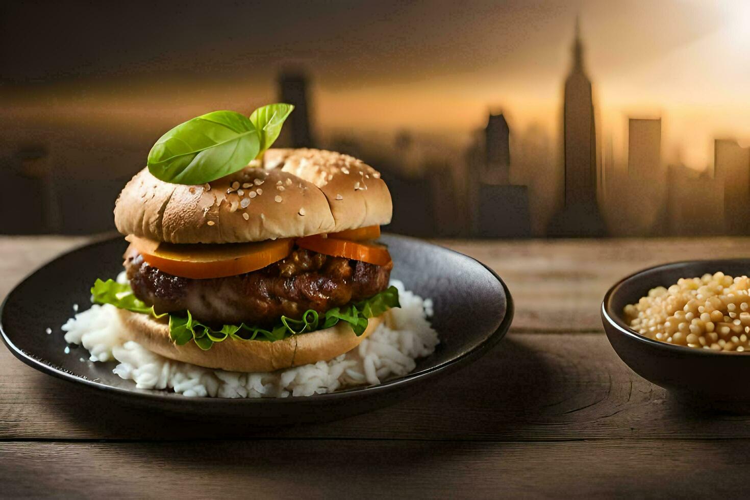 une Hamburger avec riz et des légumes sur une plaque. généré par ai photo