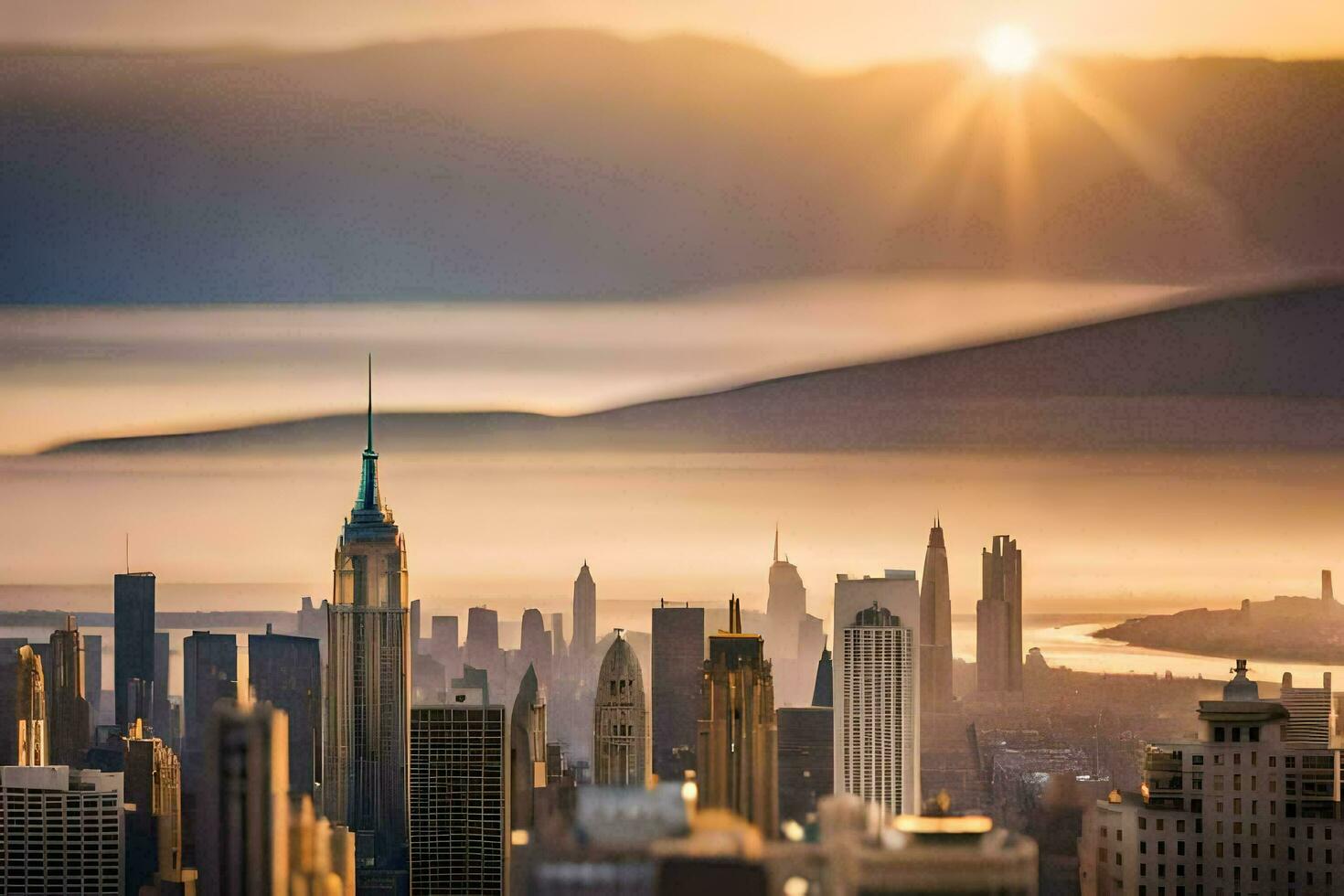 le Soleil monte plus de le ville ligne d'horizon. généré par ai photo