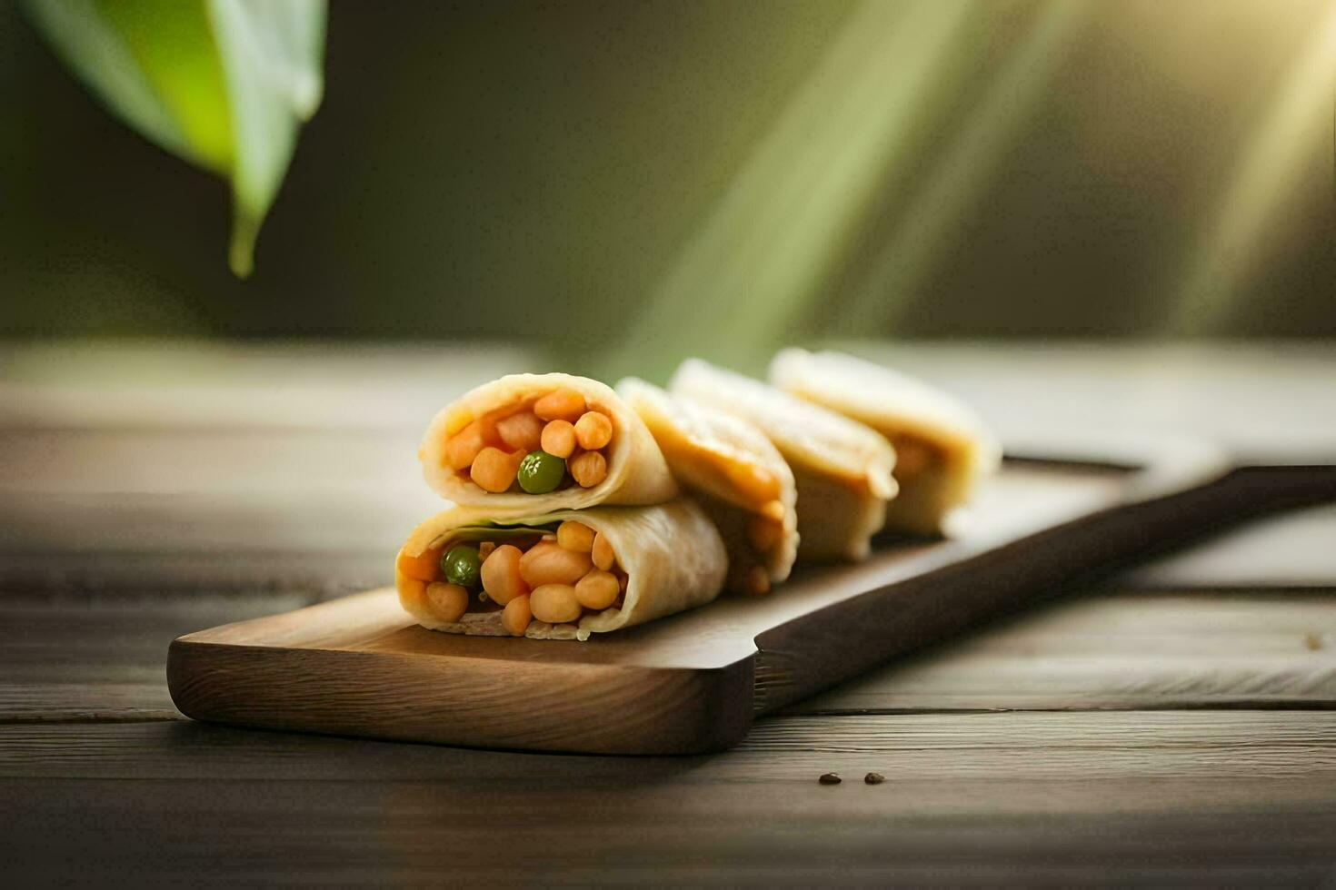 une en bois Coupe planche avec deux Rouleaux de aliments. généré par ai photo