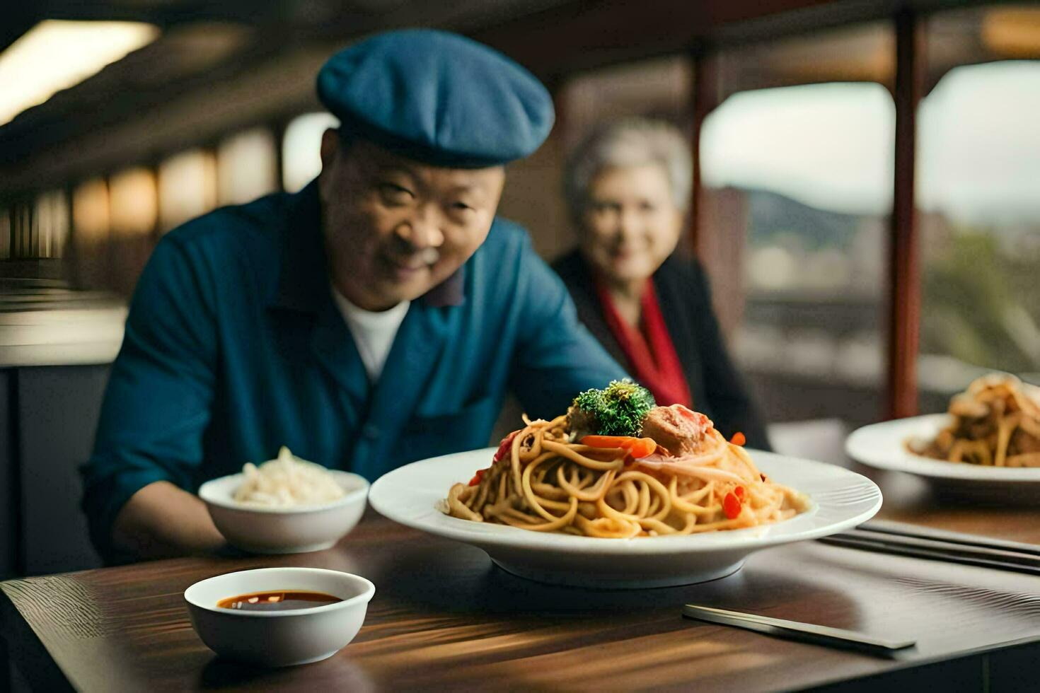 une homme et femme séance à une table avec assiettes de aliments. généré par ai photo