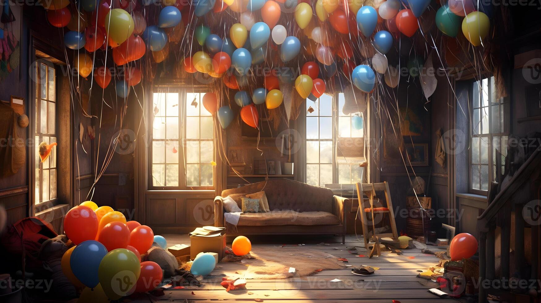 3d illustration de beaucoup des ballons dans une pièce ai généré photo