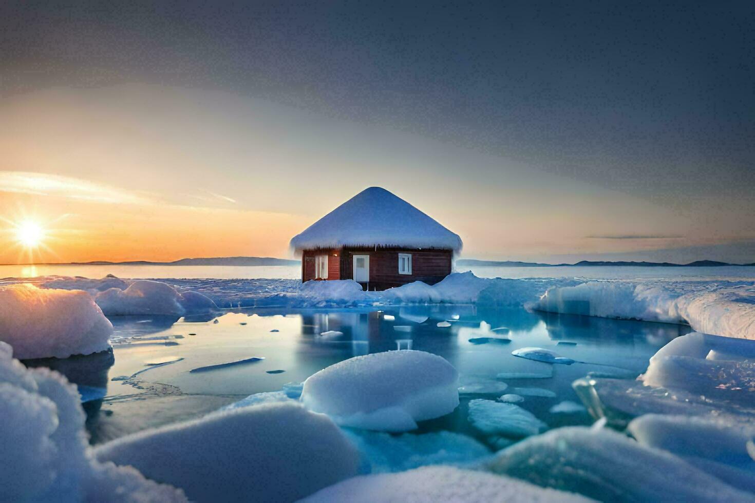 une petit cabane est assis sur Haut de la glace dans le milieu de le océan. généré par ai photo