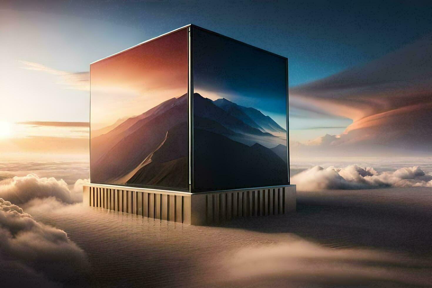 le cube est entouré par des nuages et montagnes. généré par ai photo