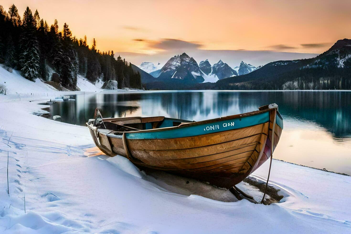 une bateau est assis sur le rive de une Lac à le coucher du soleil. généré par ai photo