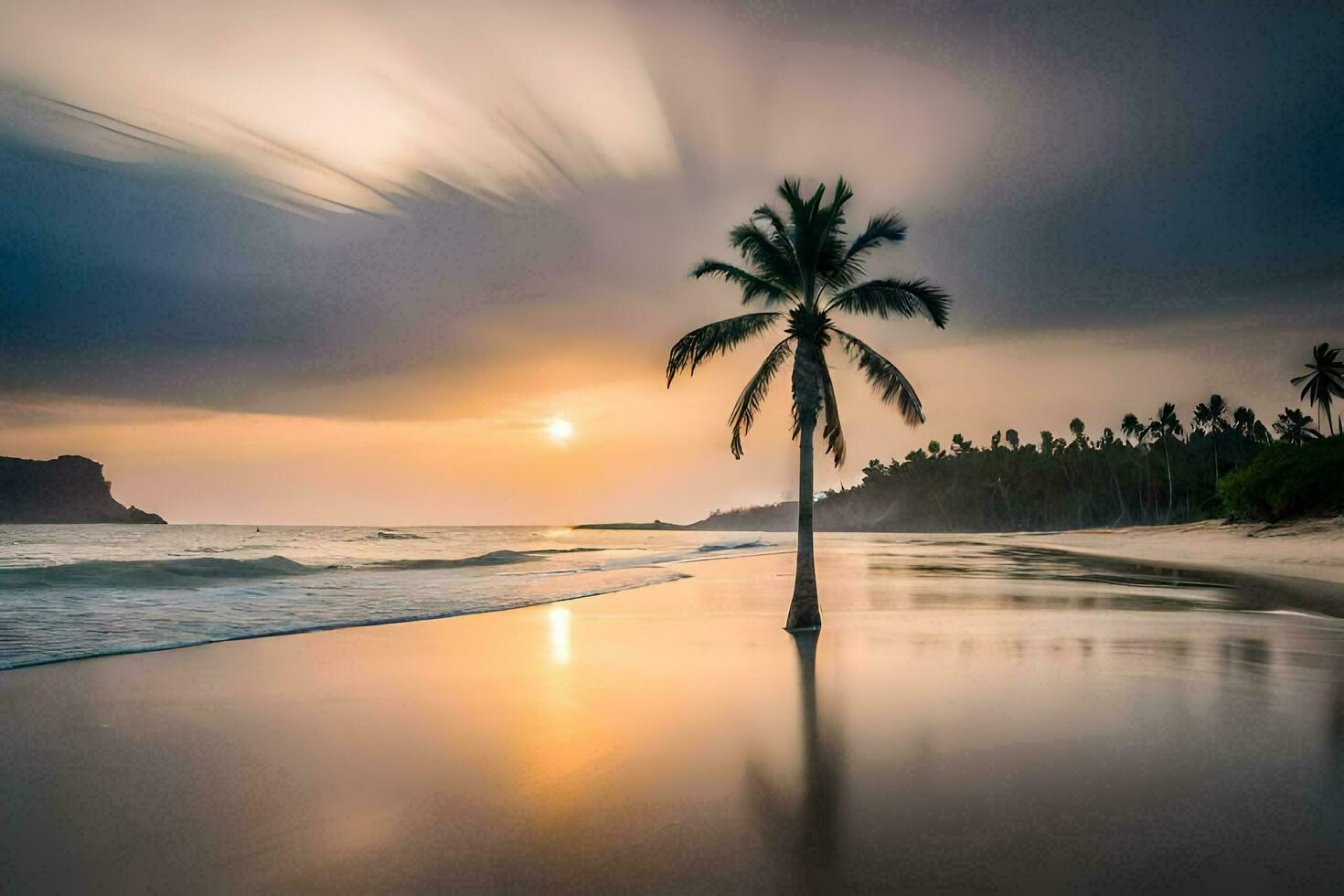 une paume arbre des stands sur le plage à le coucher du soleil. généré par ai photo