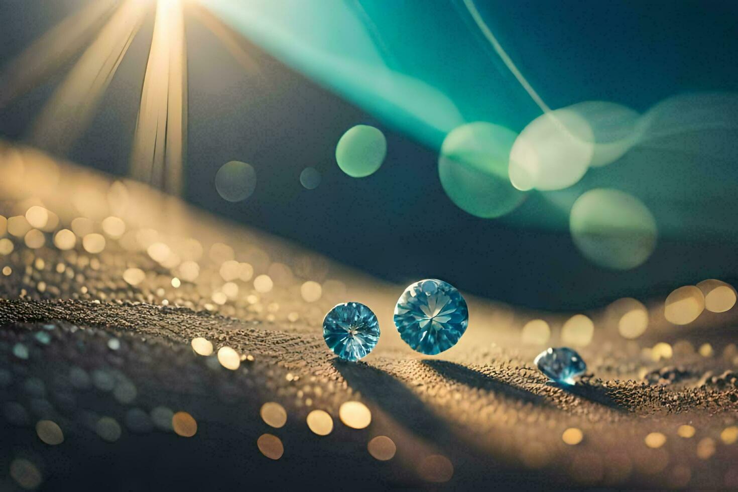 deux diamants sur le le sable avec une lumière brillant sur eux. généré par ai photo