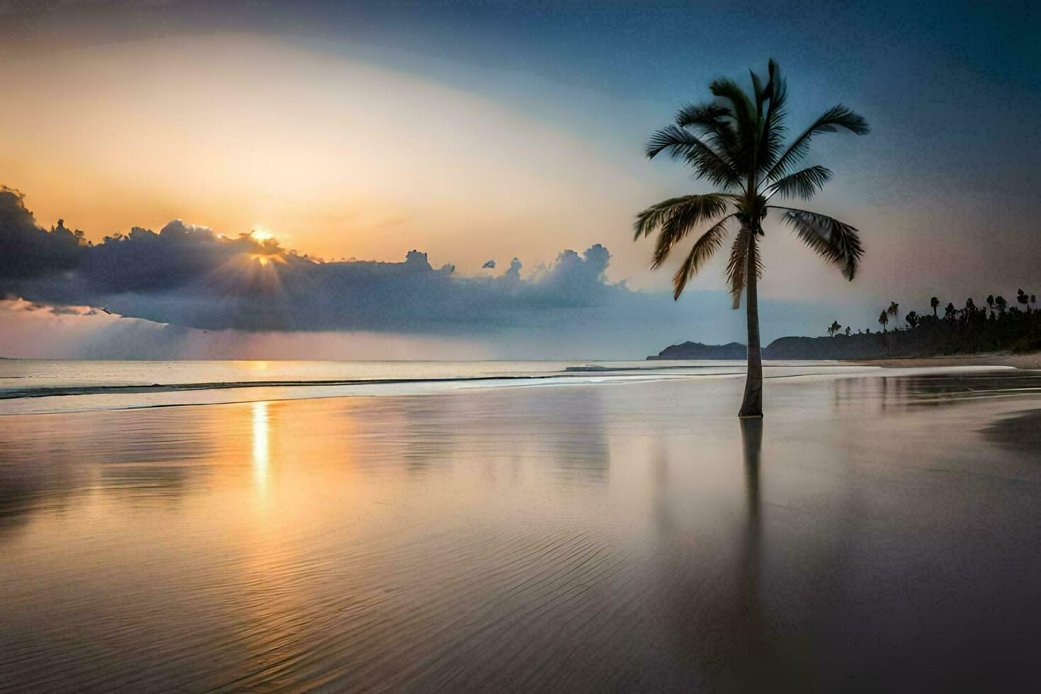 une paume arbre des stands sur le plage à le coucher du soleil. généré par ai photo