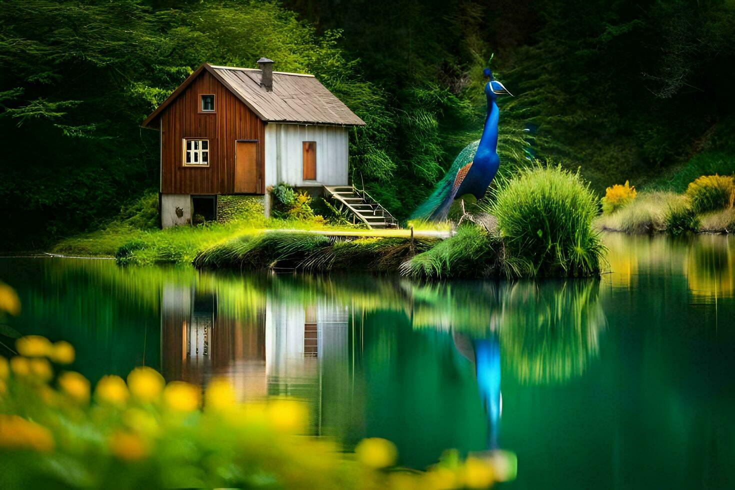 le maison est sur le île dans le milieu de le lac. généré par ai photo